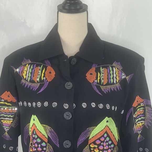 Bala Bala Fish Theme 100% Silk Embroidered Beaded Blazer Size S - Picture 3 of 7